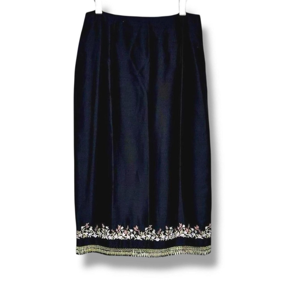 CLIO Vintage 90s Y2K 100% Silk Black Embroidered Floral Beaded Fringe Midi Skirt